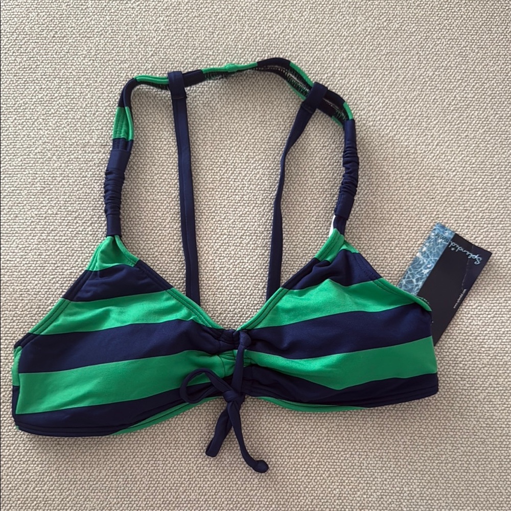 Green and Navy Striped Bikini Top
